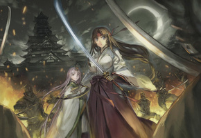 Queen`s blade, сражение, воин храма, девушка, огонь, томоэ