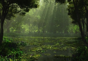 Рендеринг, озеро, деревья, лес, природа