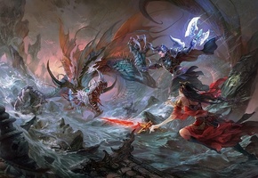 скалы, hgjart, меч, девушка, Арт, парень, битва, дракон