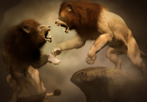 камень, рендеринг, львы, Арт, прыжок, бой