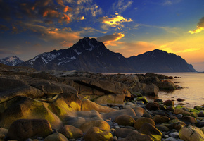 Природа, камни, закат, океан, море, берег, пейзаж, горы