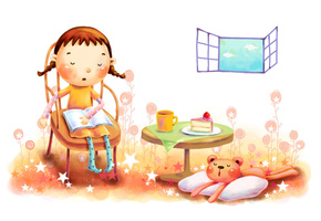 чай, тортик, зверёк, окно, девочка, Рисунок, облака