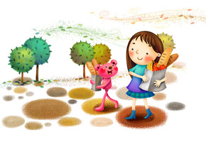 ветер, девочка, фрукты, деревья, зверёк, парк, Рисунок