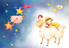 обои, ночь, сон, фон, детские, звезды, Овечки