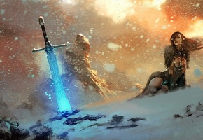 меч, скалы, Девушка, огонь, снег, магия, руны