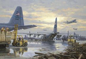 погрущик, военная база, Самолеты, солдаты, ящики