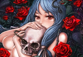 аниме, розы, череп