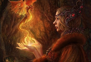 огонь, дракон, магия, лес, alena klementeva, девушка, Арт