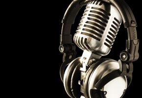 музыка, ретро, Чёрный, фон, микрофон, раритет, наушники