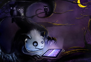 ipod, совы, ipad, Лес, луна, ветки