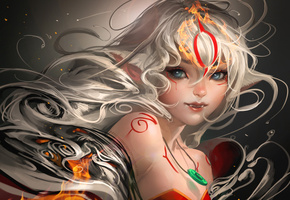 клыки, девушка, Арт, абстракция, deviantart, уши, sakimichan, тату