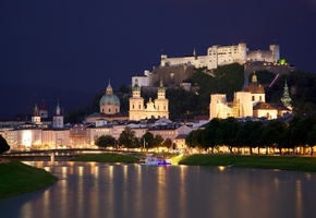 austria, Salzburg, castle, town, австрия, chapels, сity, houses, salzach, river