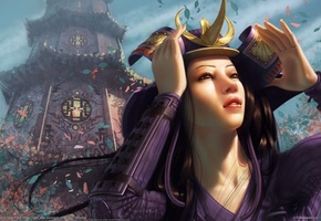 лепестки, азиатка, девушка, руки, steve argyle, Арт, здание