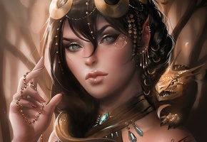 дракон, Арт, sakimichan, уши, эльфийка, украшения, девушка