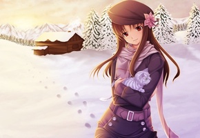 снег, mikazuki akira, Арт, kanon, дом, зима, котенок, девушка, кот