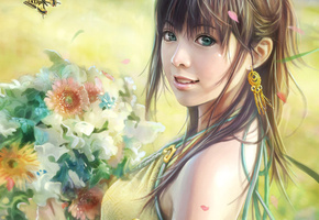 цветы, девочка, желтый, фон, улыбка, аниме