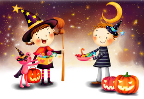 зверёк, Рисунок, девочка, хэллоуин, фантазия, мальчик