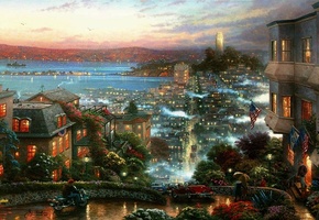 город, дорога, Thomas kinkade, туман
