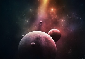 Пространство, свет, планета, спутники, туманность