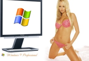 компьютер, монитор, блондинка, белье, розовое, фон, белый