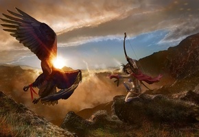 Арт, лучница, фэнтези, птица, лук, орел, masterbo, девушка