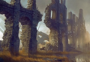 levi hopkins, кирпичи, руины, Арт, птицы, стена, всадники