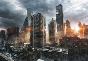 Арт, утро, jenovah-art, постапокалиптика, город, руины