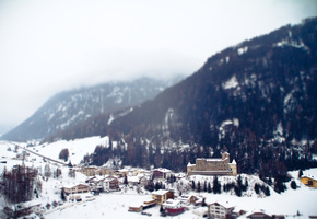 курорт, снег, альпы, зима, горы, тилт-шифт, Городок