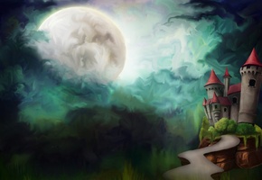 замок, башни, Рисунок, полнолуние, дорога, луна, облака