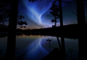 озеро, Аврора, северное сияние, свечение, деревья, лес