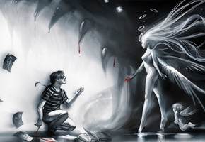 профиль, Sakimichan, улыбка, девушка, вода, кровь, мужчина