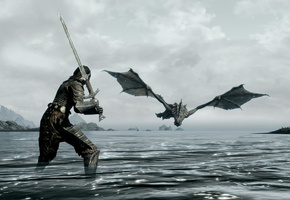 дракон, elder, skyrim, воин, scrolls, меч, v, море, The