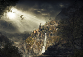 dragonborn, водопад, skyrim, Дракон, горы
