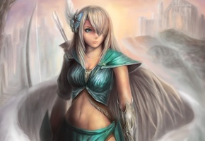 перо, взгляд, occult soda, стрелы, Арт, замок, девушка, лук