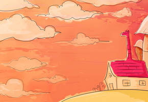 облака, жираф, Дом, розовый, оранжевый