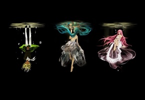 kagamine rin, Vocaloid, девушки, hatsune miku, вода, черный фон, megurine luka