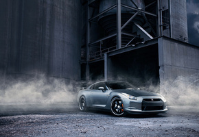 завод, пыль, Nissan, r35 gtr, гравий, дым