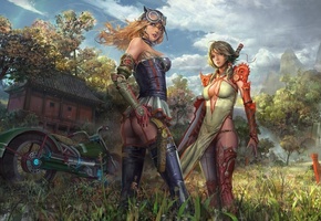 интерес, мотоцикл, Арт, оружие, девушки, корсет, взгляд