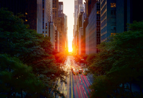 new york, солнце, Город, закат, машины, дорога, манхеттен