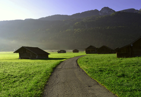 поля, домики, трава, Равнина, путь, дорожка, асфальт