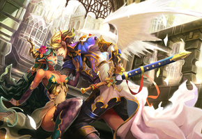 парень, меч, крылья, эльф, Арт, девушка, эльфийка, ангел