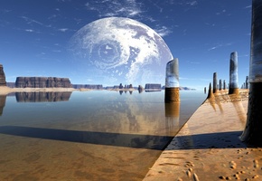 отражение, колонны, вода, Lightdrop, озеро, планета, скалы