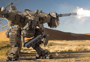 пустыня, пулеметы, огонь, Робот, шагатель, стрельба