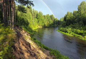природа, Река, радуга, пейзаж, лес
