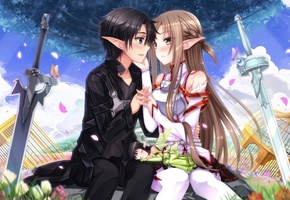 румянец, yuuki asuna, цветы, Sword art online, kirugaya kazuto, kirito, оружие