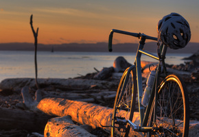 берег, шлем, Велосипед, бревна