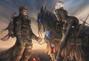 киберконь, девушка, мужчина, Арт, путешественники