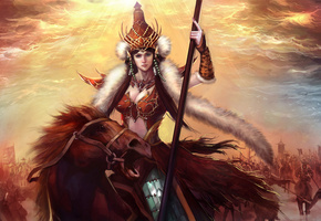 доспехи, Девушка, верхом, меха, воительница, копье