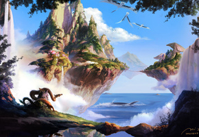 острова, мост, море, Арт, природа, дракон, летающие