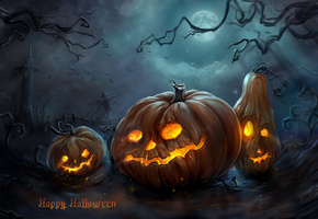 тыквы, halloween, башня, мрачно, ночь, пугало, рожи, Арт